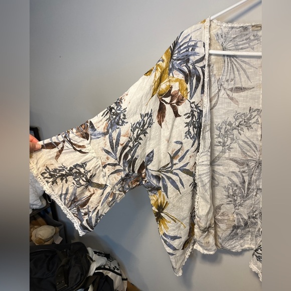 Francesca Bettini Linen Tropical Floral Print Open Front Kimono Cardigan OS - Picture 4 of 8